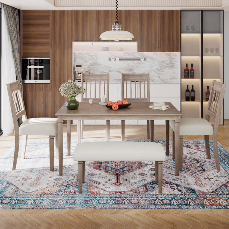 Ensemble de salle à manger rétro 6 pièces, ensemble de meubles de cuisine classique, table rectangulaire en bois et 4 chaises avec banc pour la cuisine et la salle à manger, assemblage facile, économie d'espace