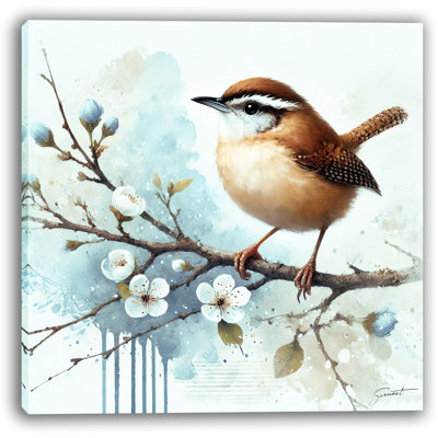 «Rustic Charm: Wren on a Blossoming Branch», art mural sur toile tendue