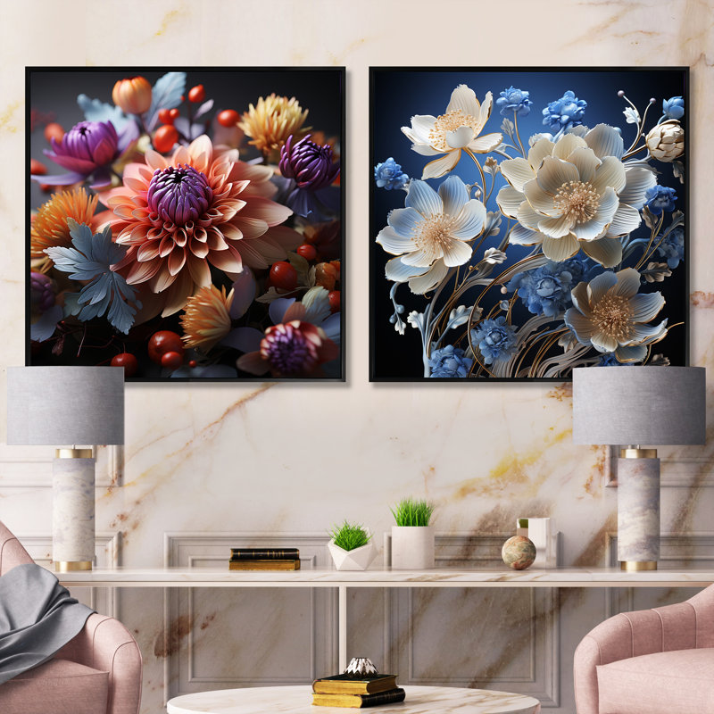 Ensemble de 2 fleurs de néon rose et bleu, Cadre flottant noir, H 36 po x l 73 po