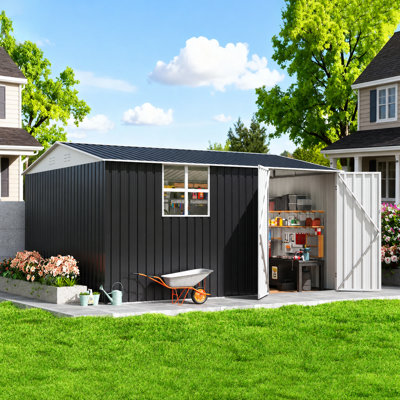 Remise de rangement extérieure en métal l 12 pi x P 10 pi avec fenêtres, structure en acier renforcé et portes verrouillables