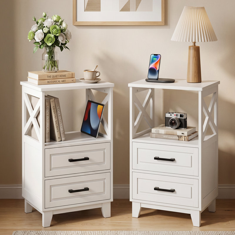 Marnae 2-Drawer Wood Nightstand, White, Set of 2