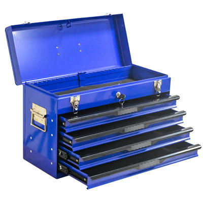20 - Inch Portable Steel Tool Box With Drawers, Black Powder Coated, Lockable Bearing Slide Rails, Top Tray For Easy Retrieval Blue And Ample Storage, Comfortable Handles, Suitable Office Organization