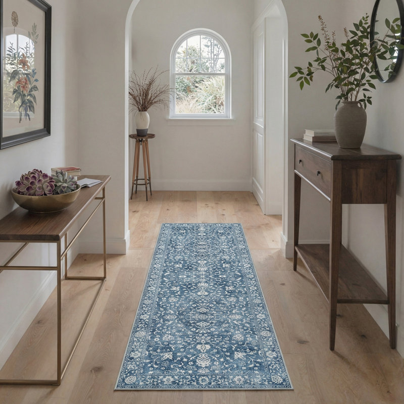 Zahara Oriental Floral Machine Washable Blue / White Indoor Area Rug with Non-Slip Backing, Blue, Runner 2'6" x 8'