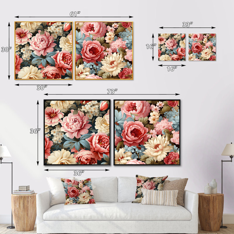 Camak - ensemble de 2 collages carrés floraux, H 16 po x l 33 po, Cadre flottant blanc