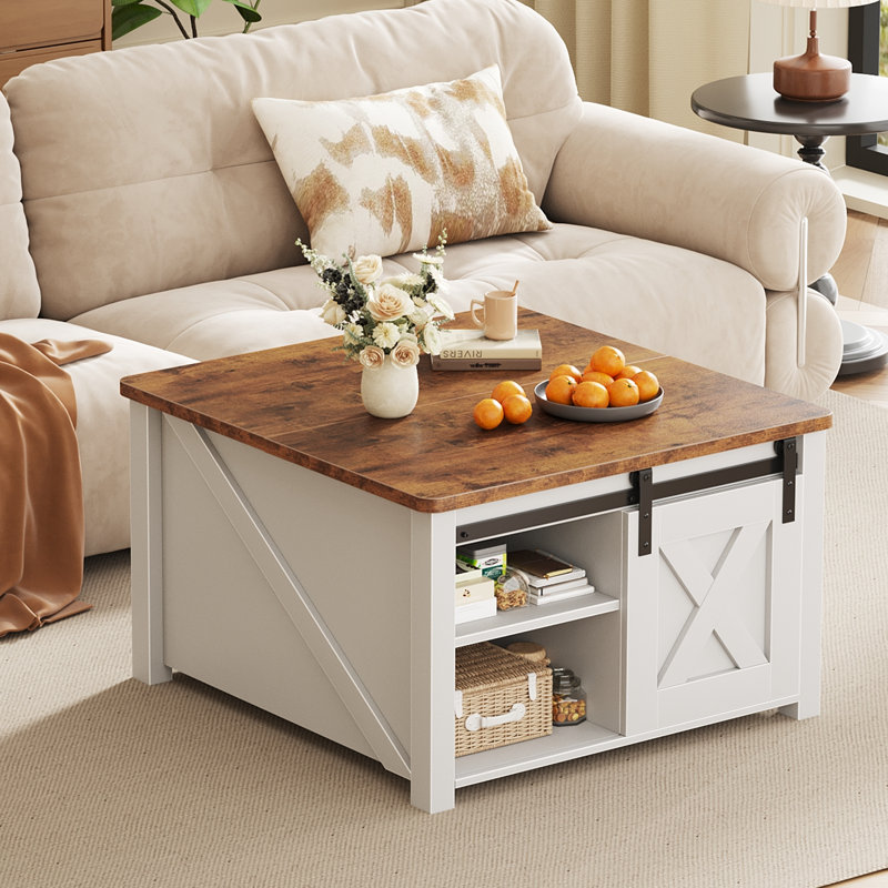 31.5" Square Lift Top Coffee Table with Hidden Storage and Sliding Barn Door, White