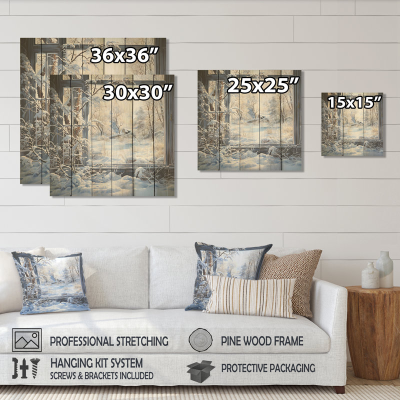 Winter River Window View I - Winter Landscape On Wood Print, 36" H x 36" W