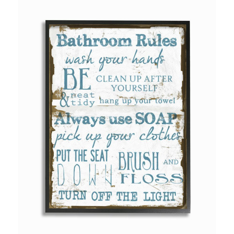 «Brown and Blue Classic Bathroom Rules» par Taylor Greene - impression, Giclée encadrée noir minuit, H 14 po x l 11 po