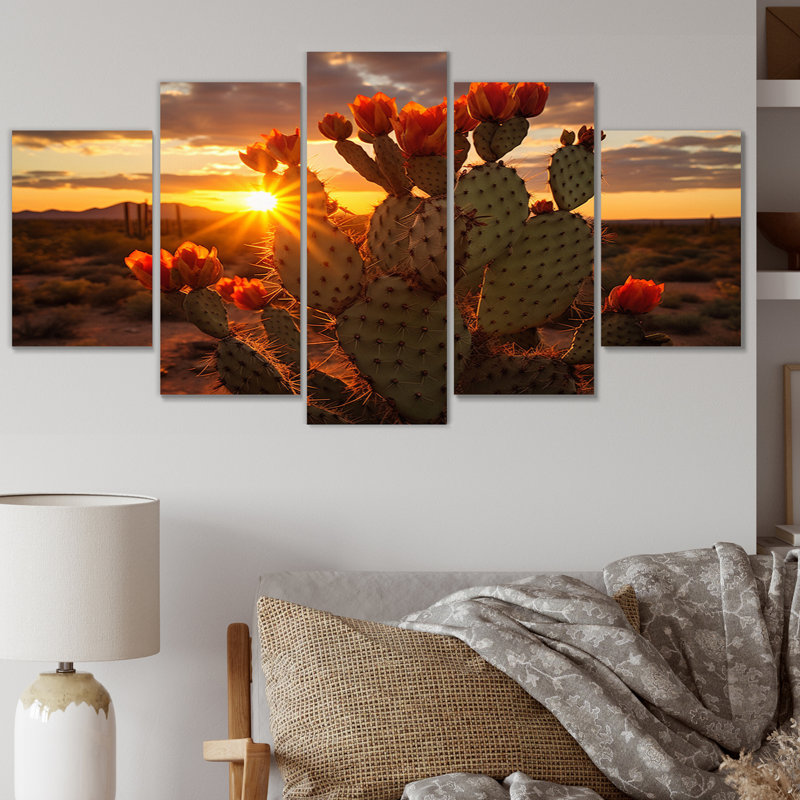 Cactus rouge et vert avec coucher de soleil III sur toile, 5 pièces