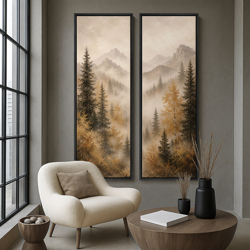 Misty Mountain Forest Landscape, Cadre noir, H 60 po x l 20 po