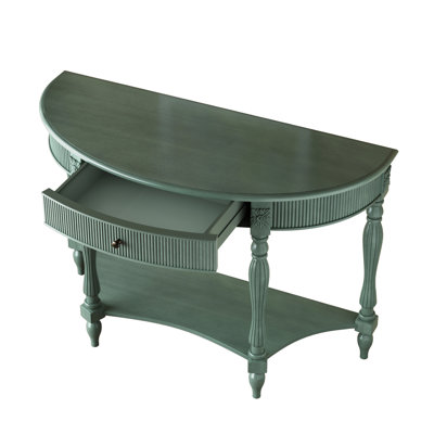 Solid Wood Half Moon Console Table with Drawer & Shelf, Fluted Vintage Curved Entryway Table for Hallway Living Room Foyer, Narrow Space Sofa Table with Roman Column Carved Legs, Rustic Green