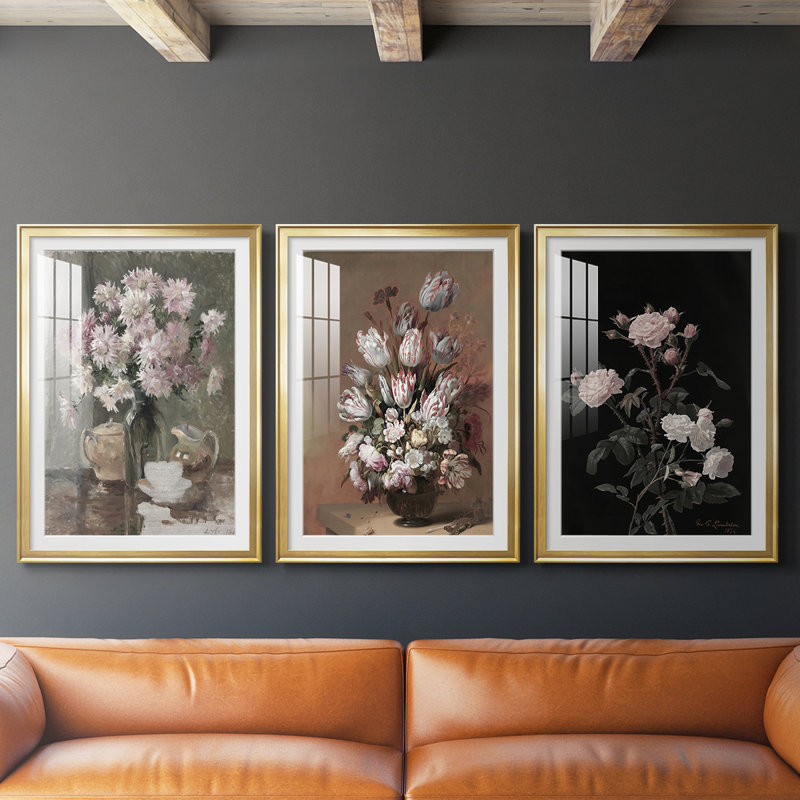Imprimé floral rétro Lxxxi - impression encadrée sur mesure de qualité supérieure - 3 pièces, H 27 po x l 39 po, Doré