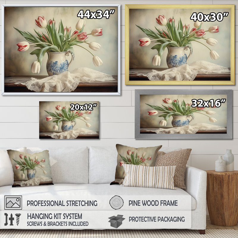Tulipes, bouquet de natures mortes VI sur toile, Cadre simple argenté, H 12 po x l 20 po x P 1 po