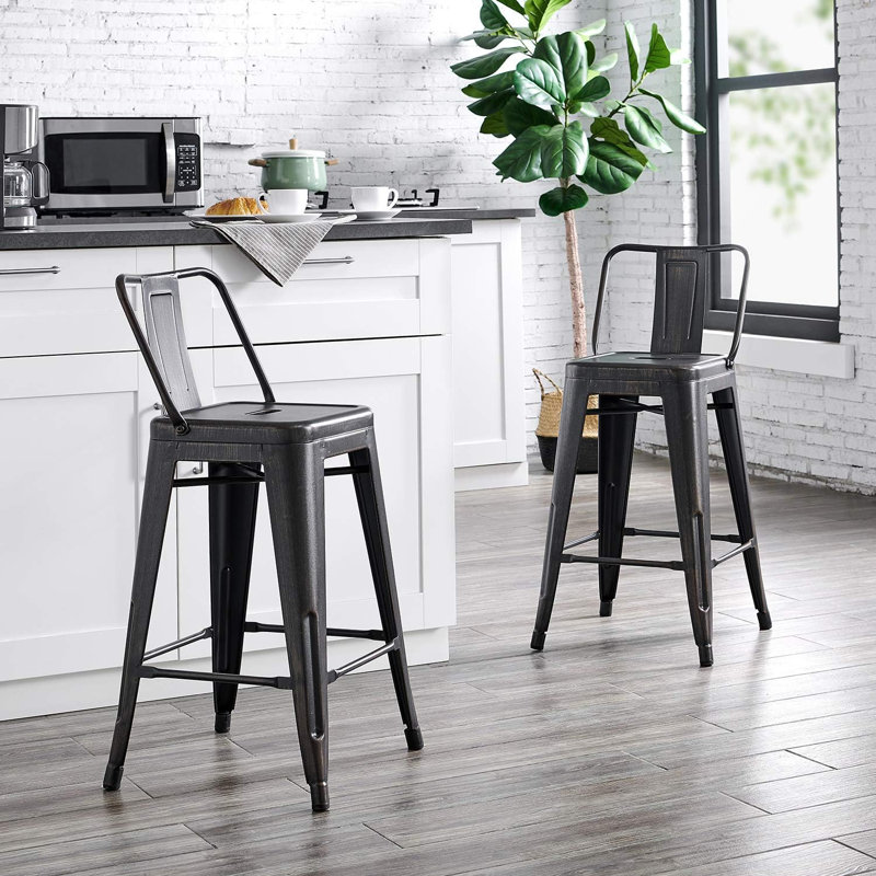 Ensemble de 4 tabourets de bar 24 po en métal noir mat avec dossier, comptoir de cuisine rustique, léger et robuste | Idée cadeau