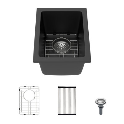 Évier de cuisine encastré en quartz noir mat 16 po x l 12 po, cuve de préparation en granite à cuve simple pour bar, îlot de cuisine, station de café et cuisine compacte
