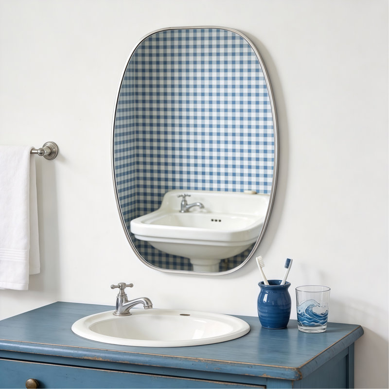 24x36 in Silver Metal Framed Oval Vanity Bathrrom Mirror for Wall, Silver