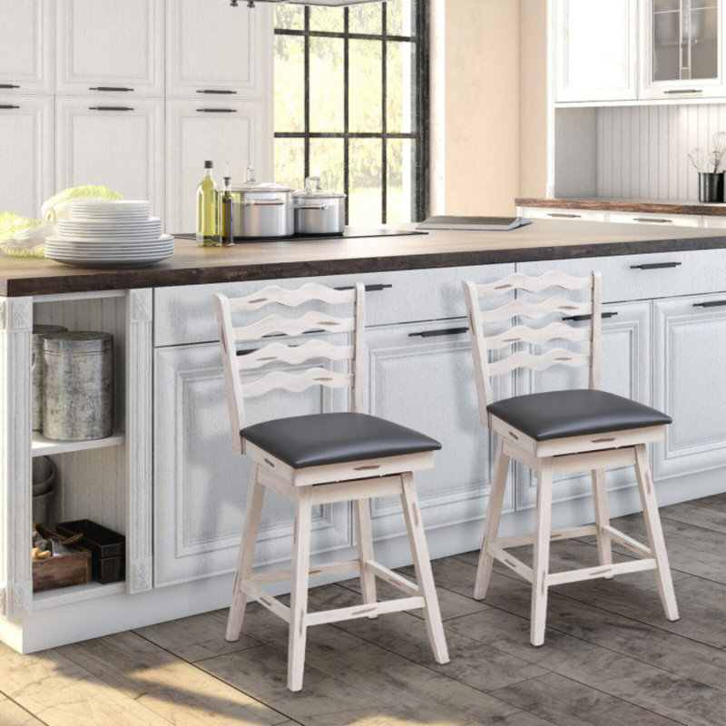 Set of 2 360° Swivel Bar Stools with Rubber Wood Frame and Ergonomic Backrest and Footrest