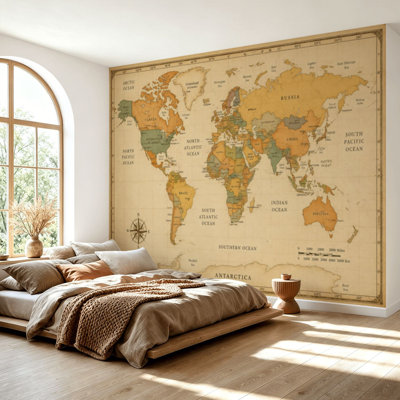 Wall Mural Peel and Stick Wallpaper Old retro World Map lakes rivers Highly large political World Map Self-Adhesive Removable Contact Paper Wall Decor for Living Room Bedroom 69"H x 96"W