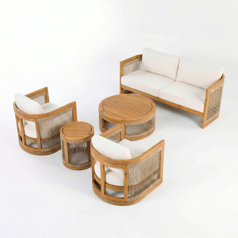 Ensemble de conversation d'extérieur en bois d'acacia pour 4 personnes avec corde tissée et coussins hydrofuges Aldo, Beige