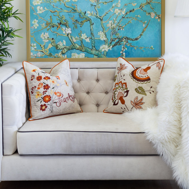 Coussin décoratif à motif floral Thanksgiving, Carré 20 po, Rouille / floral