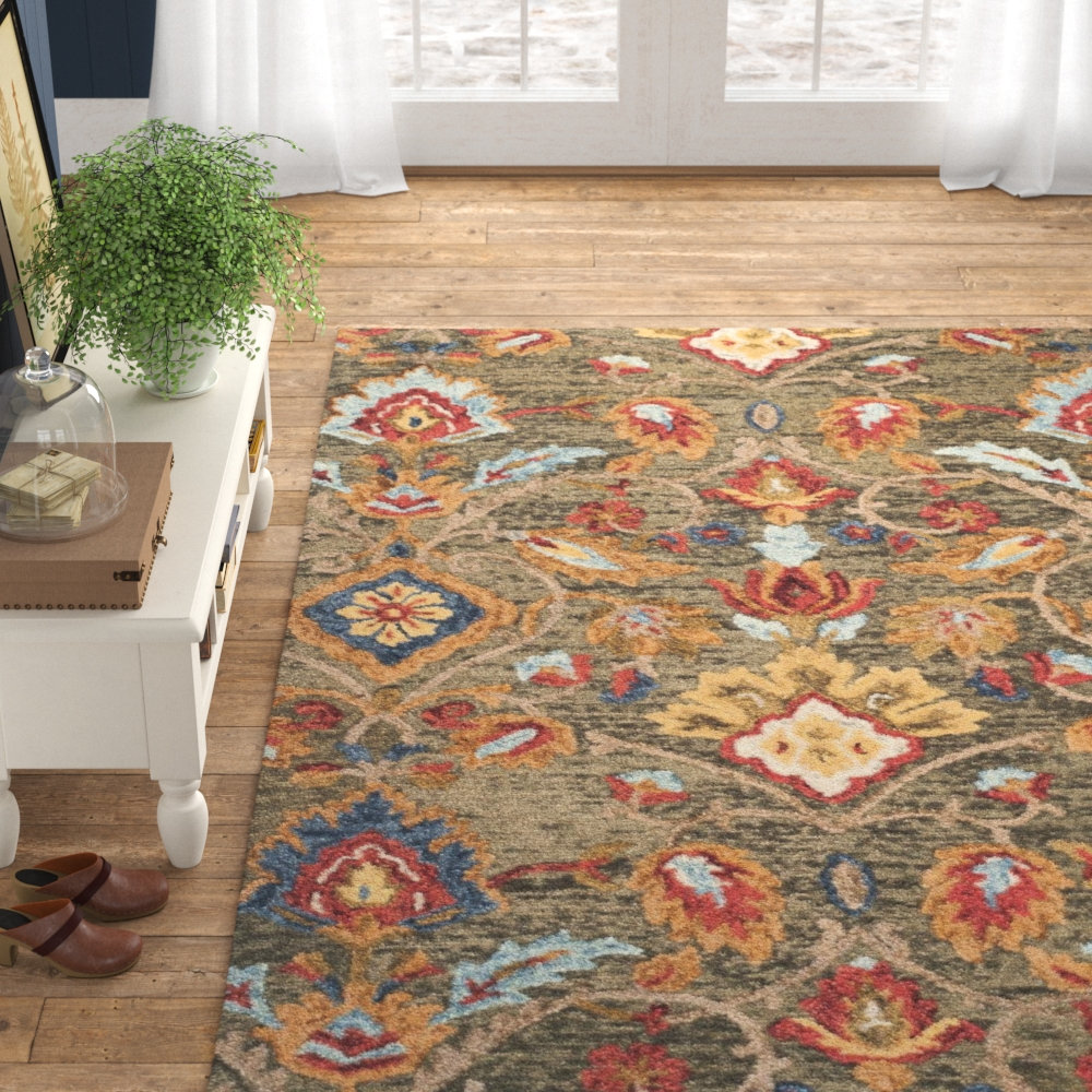 Tansy Handmade Wool Green / Multi Rug, Rectangle 3' x 5'