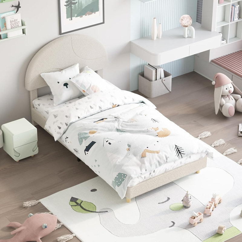 Twin Bed Frame with Headboard - Soft Pink Upholstered Arch Design, Wooden Slats Bed for Kids No Box Spring Needed, Easy Assembly