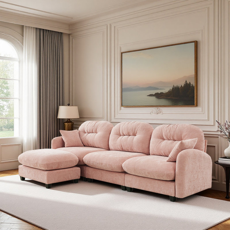 Sectional L Shaped Couch With Ottoman, Chenille Sofa, Pink Chenille