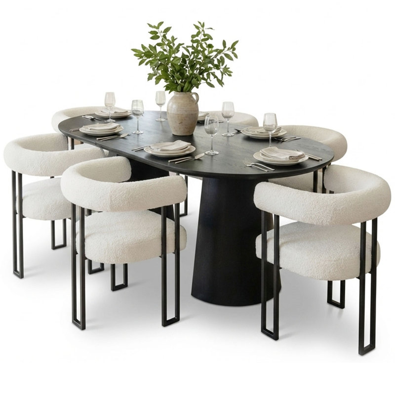 47"–85" Extendable Oval Black Pedestal Dining Table With Bouclé Upholstered Chairs, 7 Pieces: Table, 6 Chairs