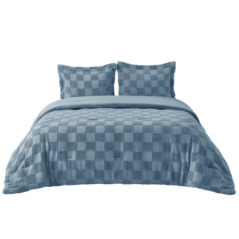 Ensemble d'édredon de taille grand bleu minéral, ensemble de lit capitonné bohème, literie à carreaux Shabby Chic, 3 pièces, 1 édredon géométrique à carreaux et 2 taies décoratives