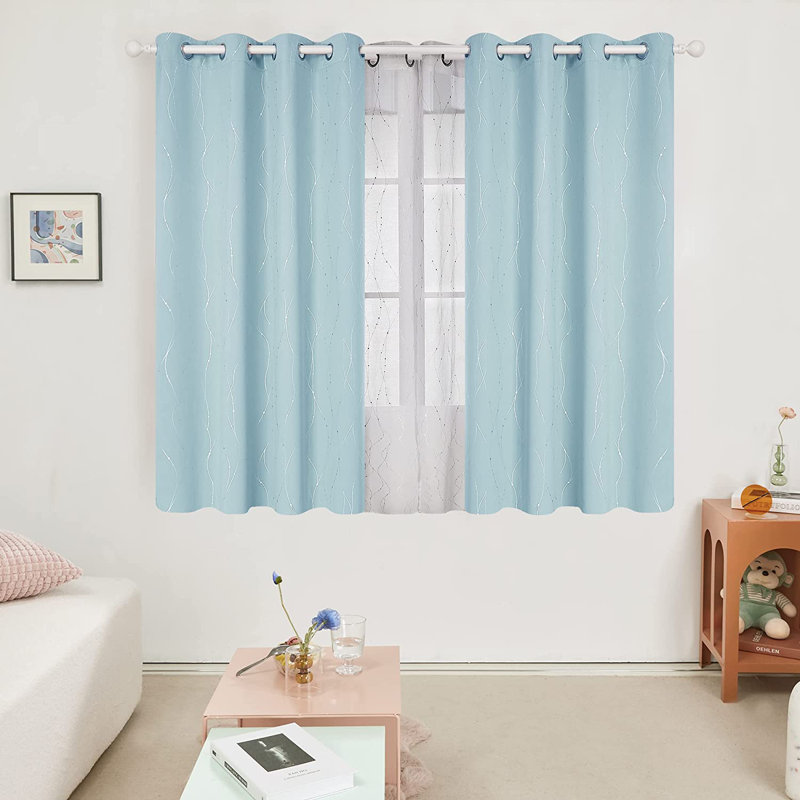 Senath Dotted Line Foil Printed Room Darkening Thermal Curtains, 117cm W x 138cm D, Baby Blue