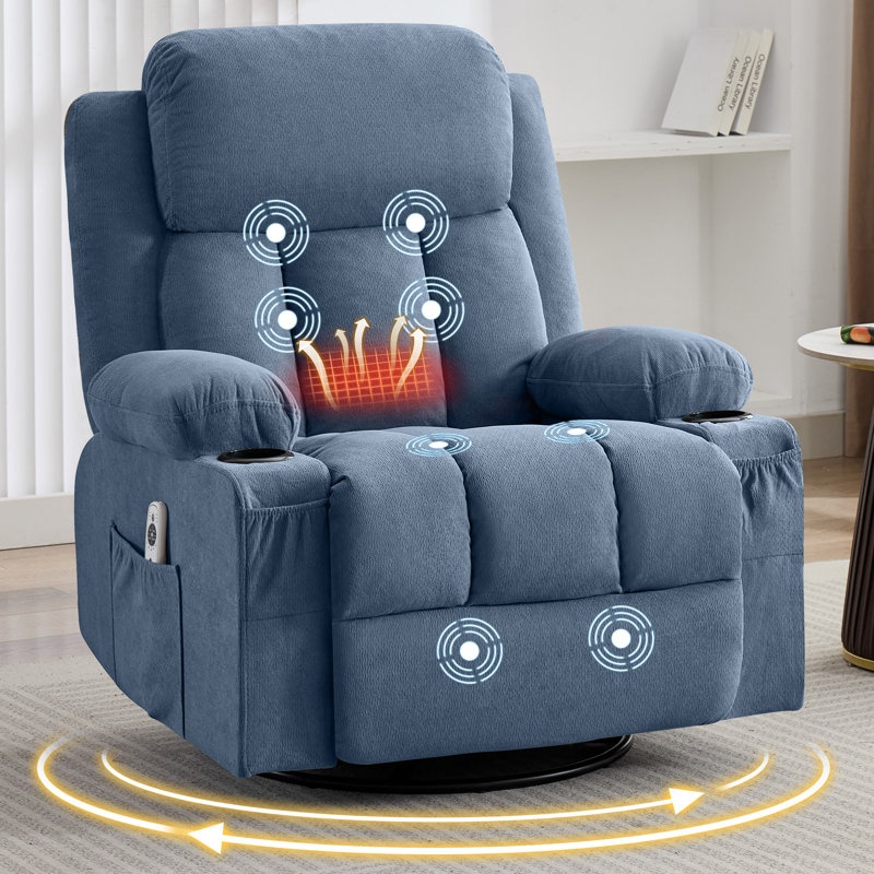 Swivel Rocker Recliner Chair With Vibration Massage And Heat For Living Room, Blue
