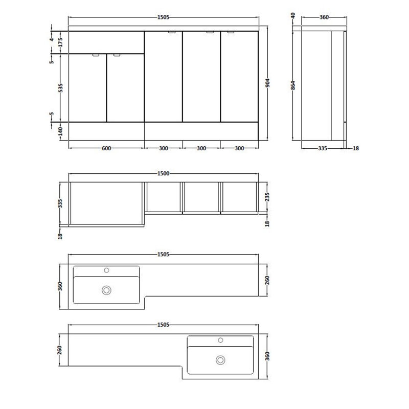 Fusion Fitted Furniture - Gloss White Bathroom Vanity with Basin, Anthracite Woodgrain, Right-Handed