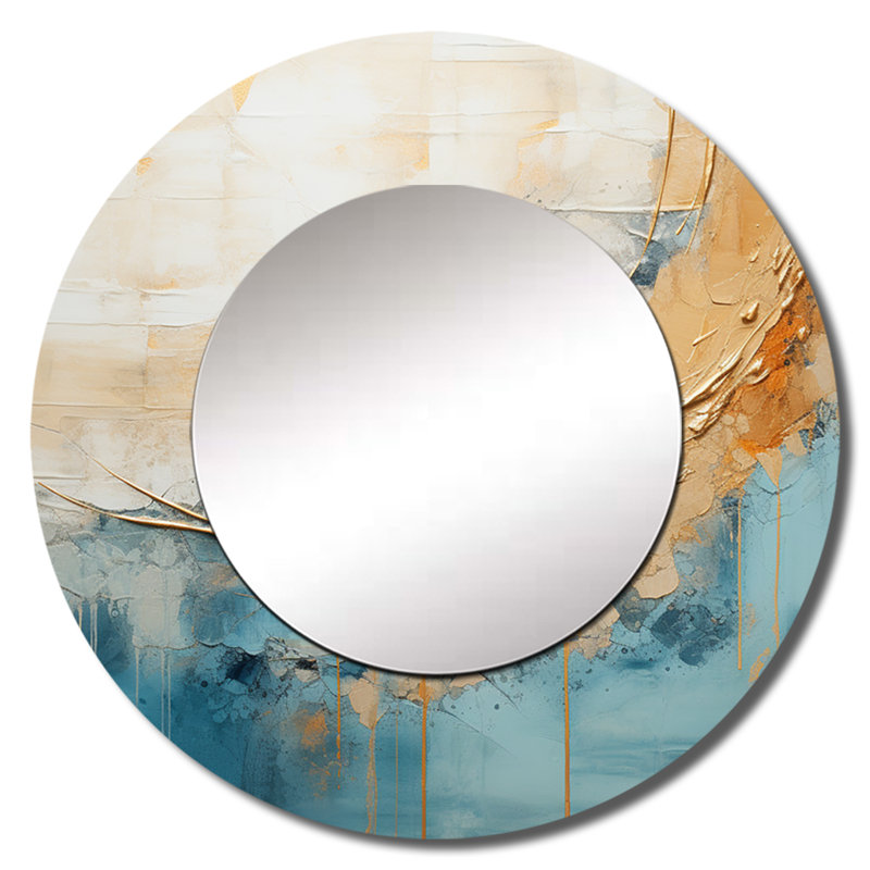 Saidee, peinture dorée et bleue Fusion I - miroir de peinture abstraite, miroir mural rond unique moderne, impression d'art en métal