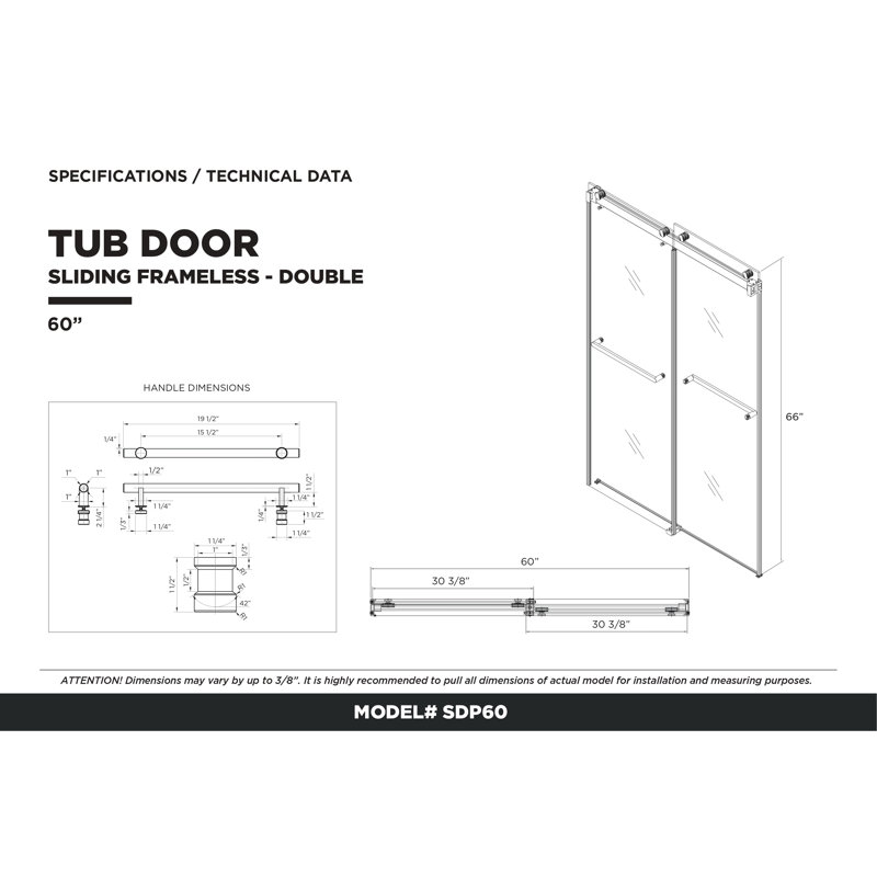 Porte de baignoire double coulissante ajustable sans cadre 60 "Fine Fixtures - quincaillerie noire, Noir