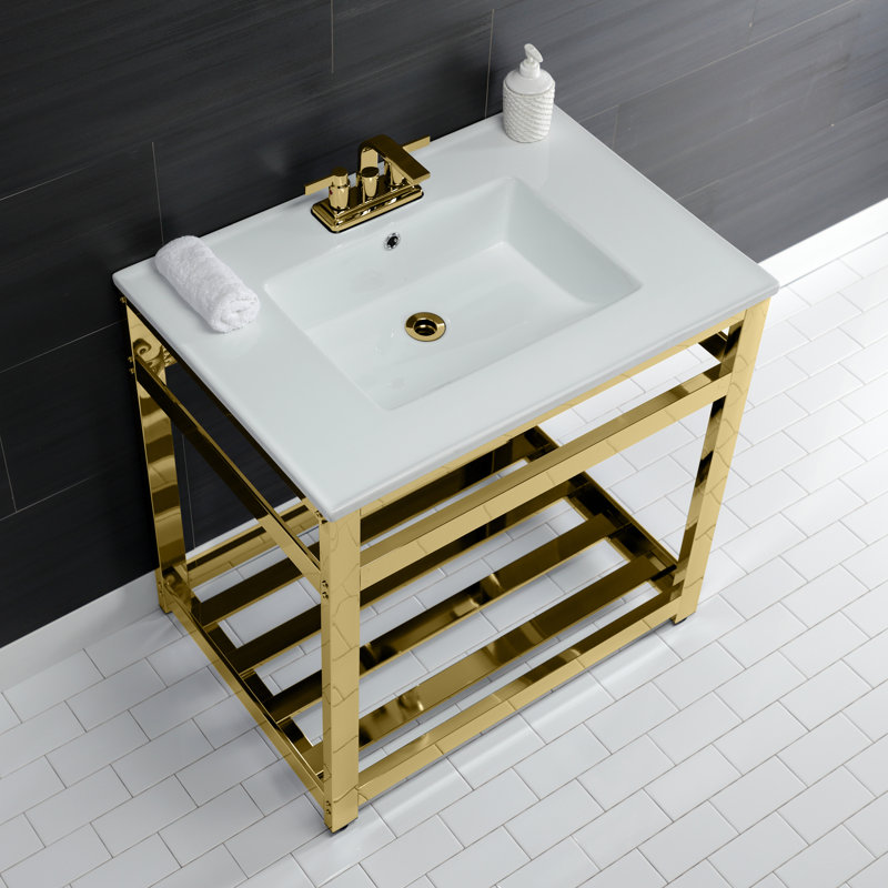 Lavabo de salle de bain console en céramique avec trop-plein, Blanc / laiton poli, 4" Centres