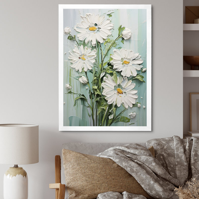 «White Daisy Blooming Elegance VII - Daisies», art mural sur toile, Cadre simple blanc, H 32 po x l 24 po x P 1 po