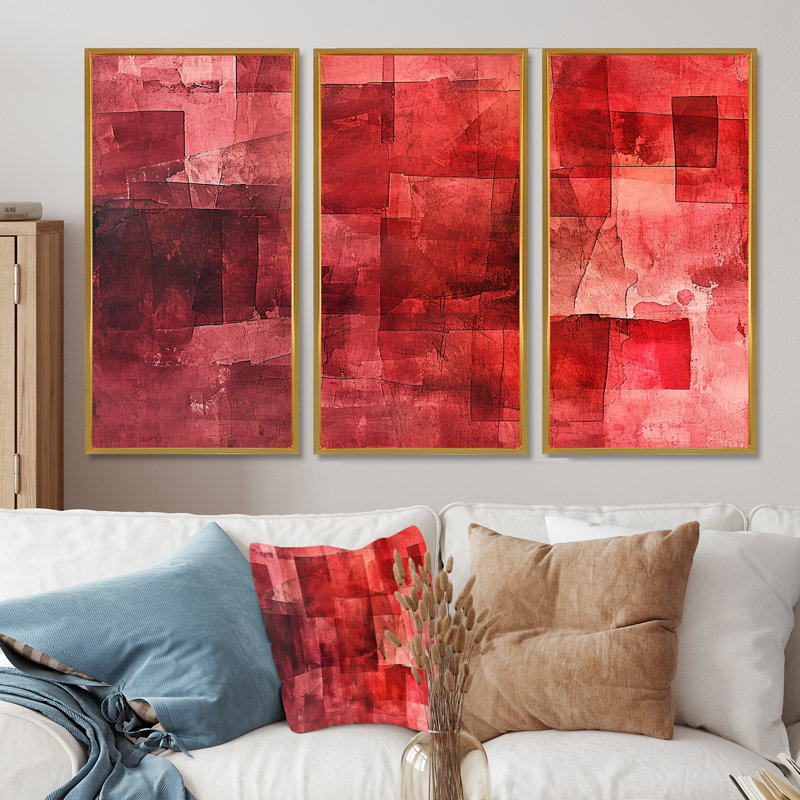 «Cubist Red Secrets - Abstract Collages», ensemble d'art mural, Cadre flottant doré, H 28 po x l 36 po x P 1 po