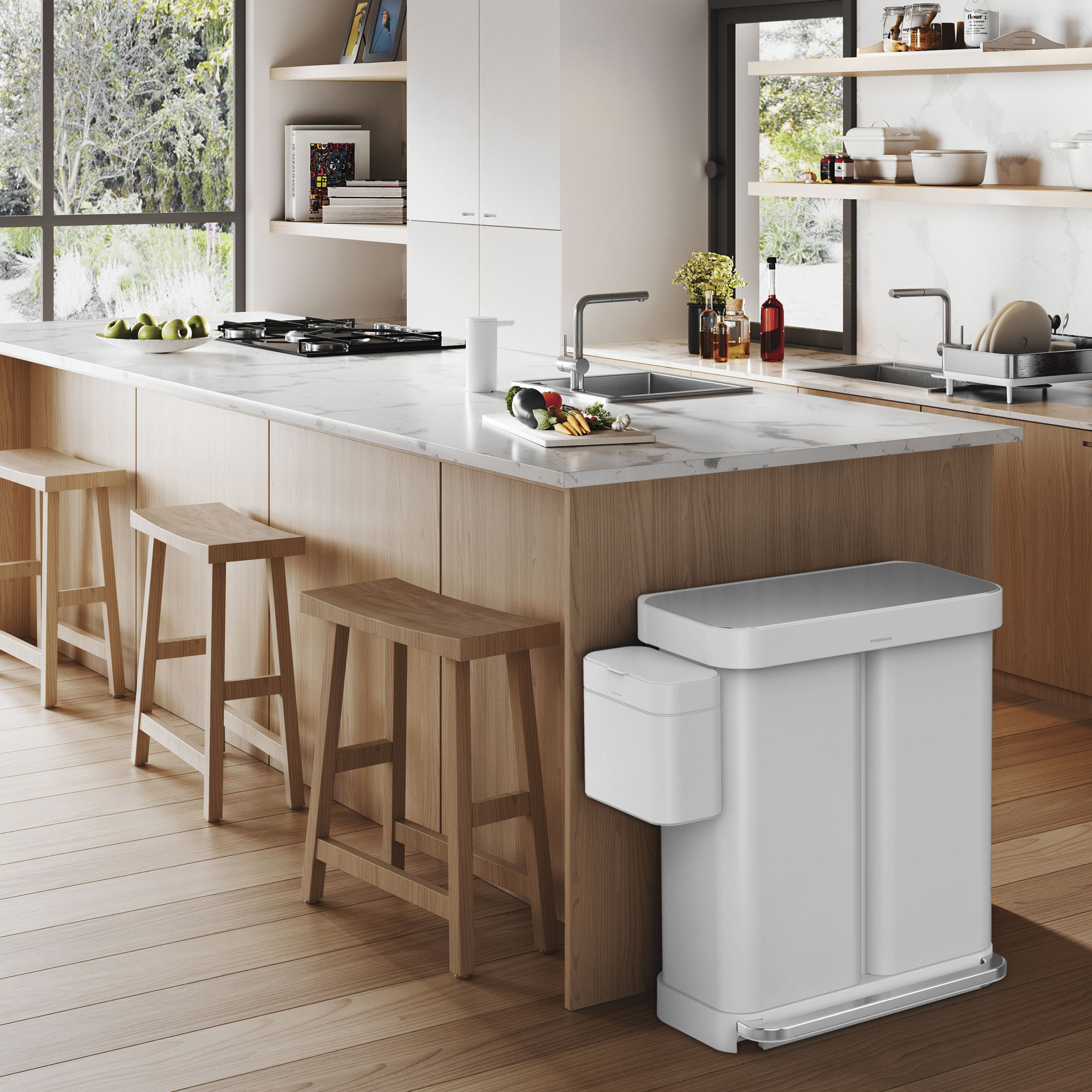 Simplehuman 58L / 15.3 Gallon Hands-Free Dual Compartment Recycling Kitchen Step Trash Can with Lid, White