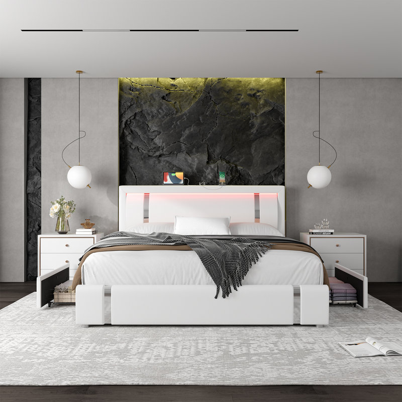 Base de lit avec tête de lit éclairée en polyuréthane, ports USB et 2 tiroirs Barbuto, Très grand lit, Blanc