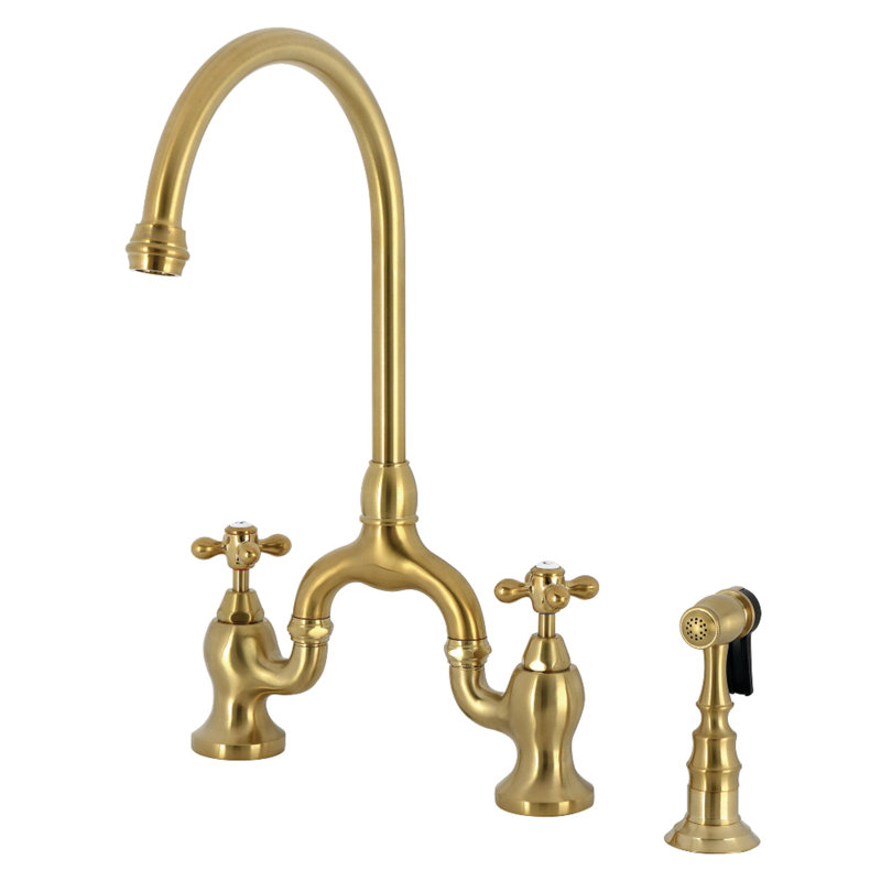Kingston Brass English Country Two-Handle 3-Hole Deck Mount Bridge Kitchen Faucet with Side Sprayer, Brushed Brass