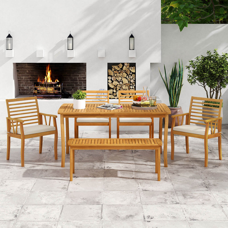 Ensemble de 6 chaises de patio et banc en bois d'acacia avec trou pour parasol 1,97 po PSC