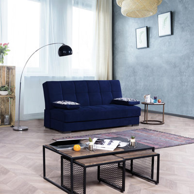 Canapé-lit rembourré convertible avec rangement, bleu. Idéal pour les petits espaces. Fabrication turque. Capacité de poids de 900 lb. Coussins épais et confortables. Comprend un ensemble de coussins assortis dans la collection.