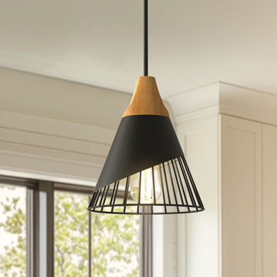 Luminaire suspendu conique en métal à 1 lumière avec texture de bois