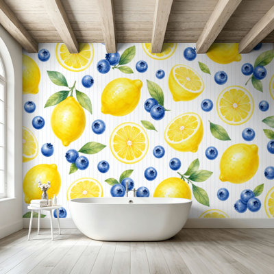 Papier peint adhésif pelez et collez, citronnelle, bleuet, aquarelle, sans soudure, tranches d'agrumes, art mural léger, auto-adhésif et amovible