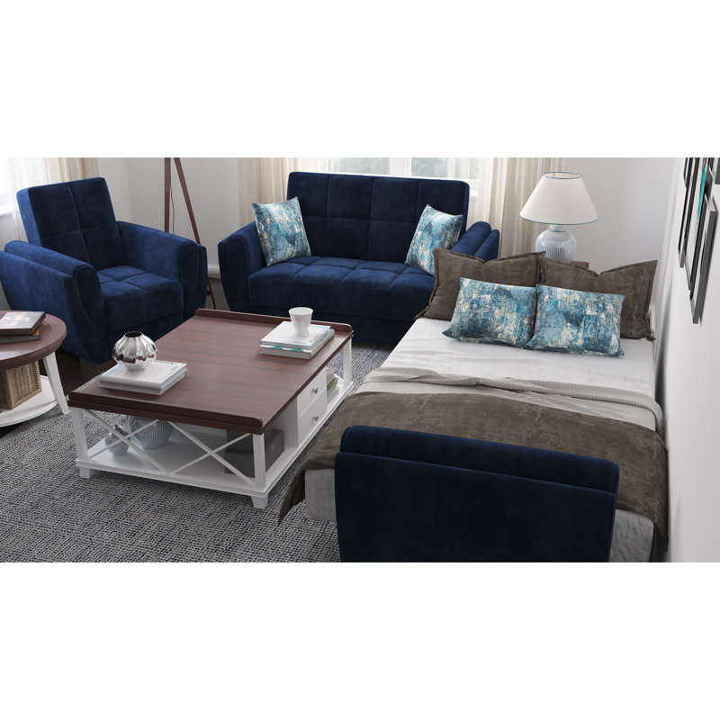 Fauteuil en microfibre bleu avec rangement, idéal pour les petits espaces de rangement