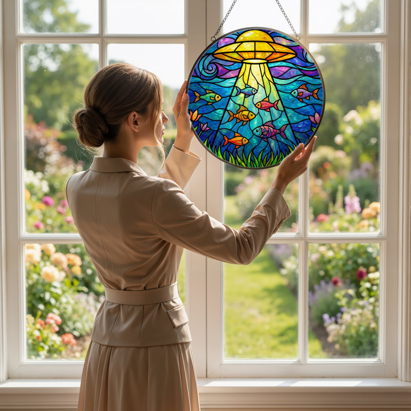 7.8"H Ufo Fish Stained Glass Window Panel, 7.8" H x 7.8" W