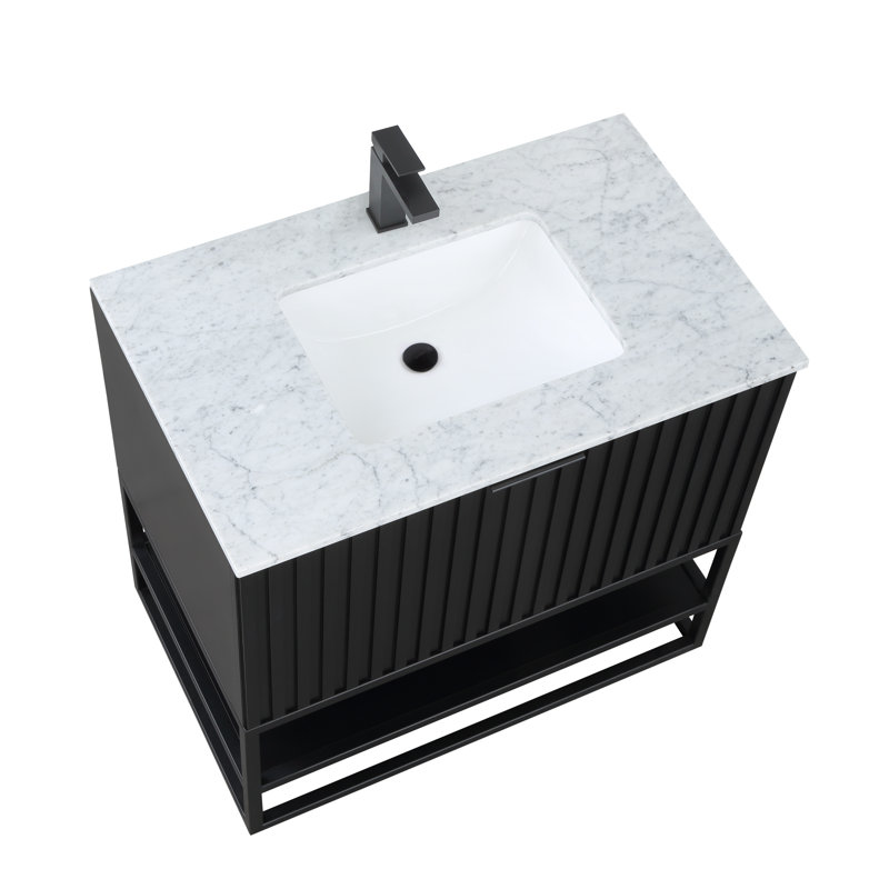 Terra 36'' W Single Vanity, Carrara Marble/Single Faucet Mount, Midnight Black, Matte Black