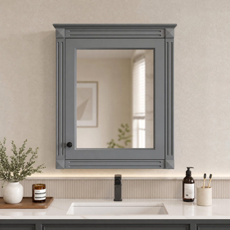 Armoire à pharmacie murale pour salle de bain avec miroir et tablette réglable, grise, Gris