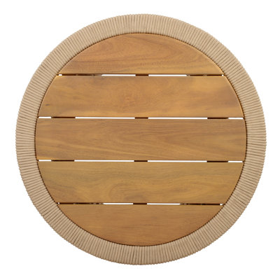 Table d'appoint conique en corde beige clair, plateau en bois d'acacia au fini teck, capacité de 150 lb, aucun assemblage requis, table d'appoint ronde à tissage ouvert moderne pour salon de patio
