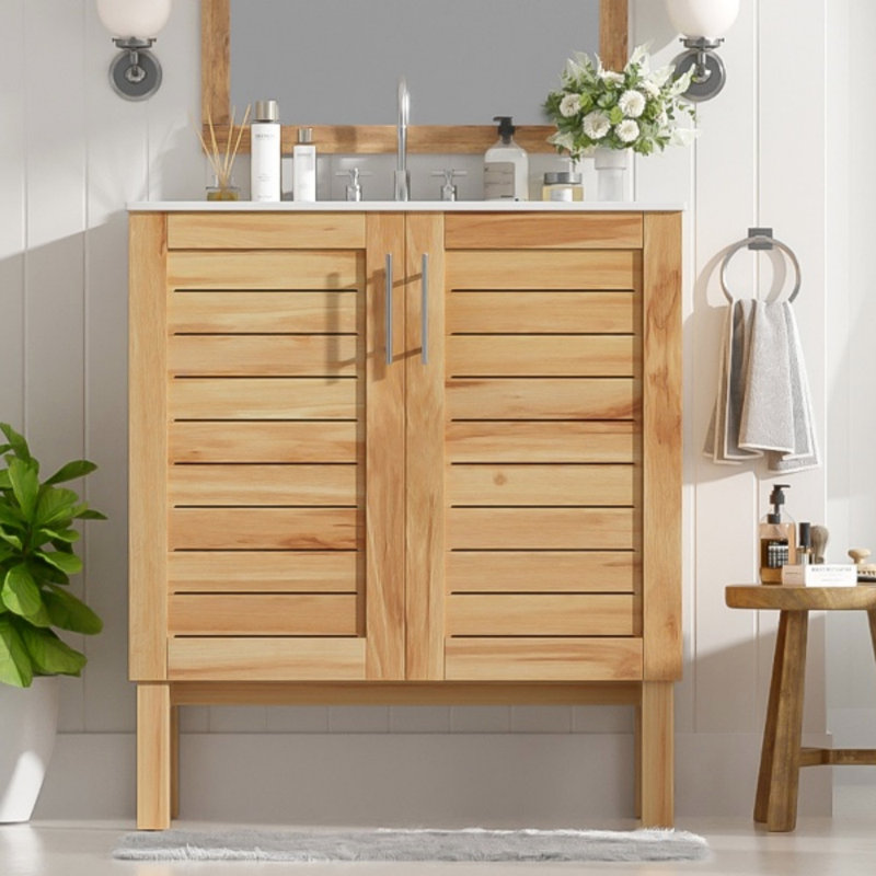Meuble-lavabo antique de 30 po avec lavabo en céramique, meuble-lavabo moderne Mid-Century avec 2 portes à fermeture en douceur et grand espace de rangement, ensemble de meuble-lavabo simple autoportant rétro