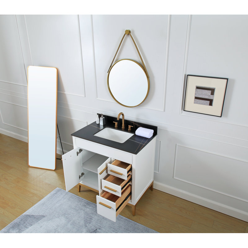 Meuble-lavabo sur pied moderne blanc Beatrice de 91 cm (36 pouces) de la marque Tennant, lavabo simple, comptoir en pierre frittée noire, entièrement assemblé